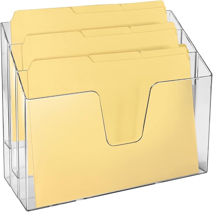 Acrimet Horizontal Triple File Folder Organizer Sorter, Letter Size, Clear | Includes 9 Manila Folders, Open Top, 3 Staggered Compartments, Wall-Mount or Desktop, Plastic, Organizes Papers