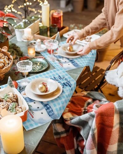 Snowman Christmas Placemat 1PC, Let It Snow Winter Holiday Heat Resistant Washable Table Place Mats Blue White Buffalo Plaid Cotton Table Linens Party Holiday Decor for Kitchen Dining Outdoor Indoor