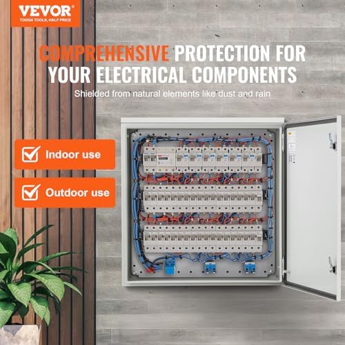VEVOR Electrical Enclosure, 24'' x 24'' x 8'', NEMA 4 Outdoor Enclosure, IP65 Waterproof & Dustproof Cold-Rolled Carbon Steel Hinged Junction Box for Outdoor Indoor Use, with Rain Hood
