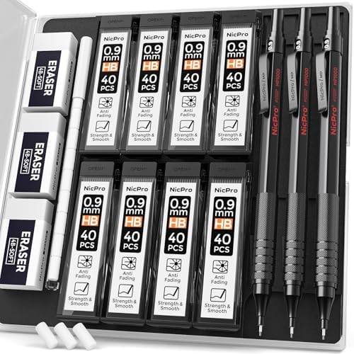 Nicpro 0.9 Metal Mechanical Pencil Set with Case, 3PCS Black MP1000 0.9mm Drafting Pencil, 8 Tubes HB Lead Refills, 3PCS Erasers, Erasers Refills for Artist Writing, Drawing, Sketching