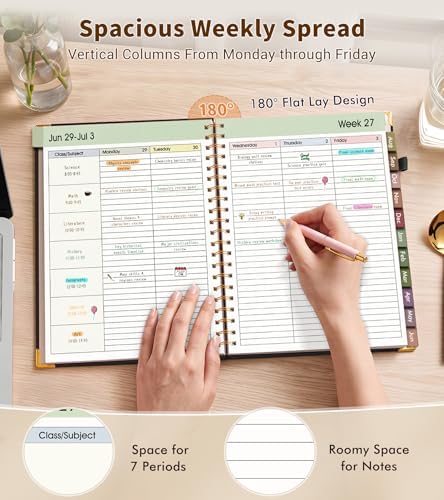Teacher Planner 2026-2027, July 2026 - June 2027, Academic Weekly & Monthly Calendar Planner with Tabs, 8.5" x 11" A4 Teacher Lesson Plan Book with 7 Periods, Daily Agenda School Organizer for Teacher Student Homeschool, Black