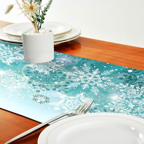 ALAZA Double-Sided Silver Winter Teal Turquoise Snowflakes Christmas Table Runner 18x72 Inches Long,Table Cloth Runner for Wedding Birthday Party Kitchen Dining Home Everyday Decor