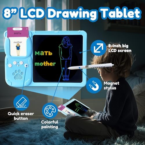 Writing Tablet with Bilingual Flash Cards for Kid, Russian, Blue