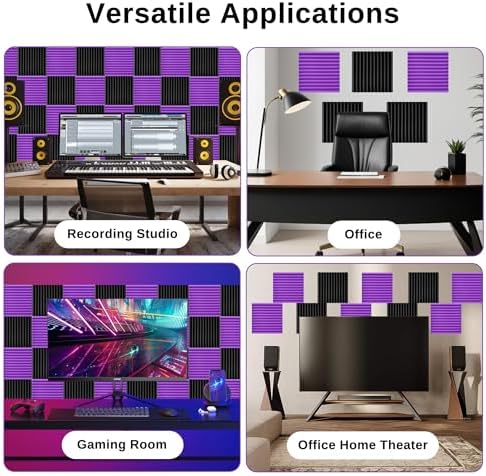 52 Pack Acoustic Foam Panels,1" x 12" x 12"Acoustic Wedge Studio Foam Sound Absorption Wall Panels (Black/Purple)