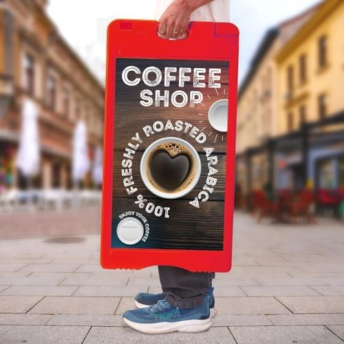 Jumbl A-Frame Signboard 15.7” x 26” Display Surface – Small Outdoor Sandwich Board w/Weather Resistant PVC Sign Protector & Sand Fill Holes – Dual Signage Stand for Storefront Sidewalk Curb (Red)