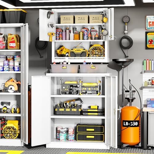 Greenvelly Metal Garage Storage Cabinet, Lockable Metal Cabinets with 2 Doors and Shelves,36”Steel Storage Locking Counter Cabinet for Office,Garage,Kitchen,Home,School(White)