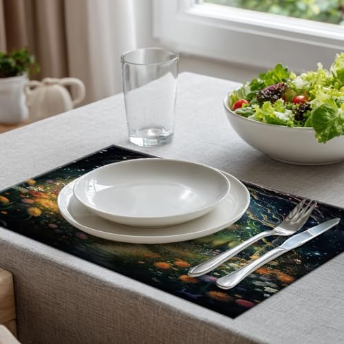 Batmerry Magical Forest Path Glowing Lights Linen Placemats Set of 6, A Mystical Forest At Night Washable Table Mats for Kitchen Table Thickened Heat Insulation Dining Set Indoor Outdoor 12X18 in