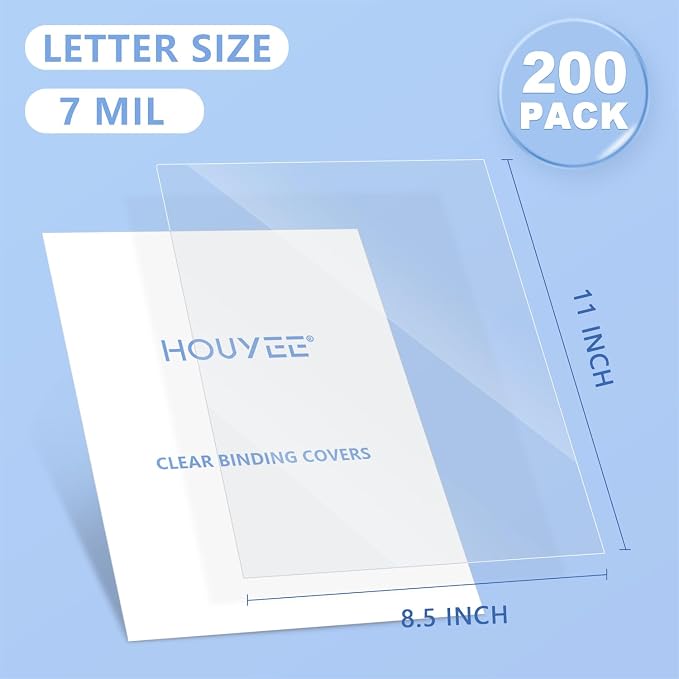 HOUYEE 200 Pack 7 Mil Clear Binding Presentation Covers,PVC,8.5" x 11" | Clear Covers for Binding, Transparent Plastic Binding Covers, Square Corner, Letter Size, for School Office