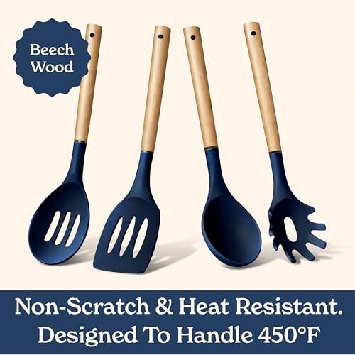 Country Kitchen Non Stick Silicone Utensil Set with Rounded Wood Handles for Cooking and Baking, 8 Piece Set, Navy