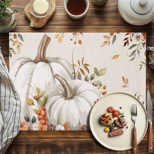 Fall Floral Leaves Placemat, Thanksgiving Pumpkins Heat Resistant Washable Table Place Mats Boho Cotton Table Linens Party Holiday Decorations for Home Kitchen Dining Table Outdoor Indoor,