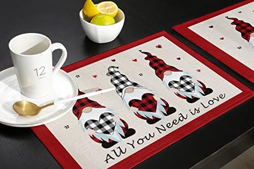 Vandarllin Valentines Day Gnomes Placemats Set of 6,Buffalo Check Plaid Love Hearts Polyester Stain Resistant Table Mats Washable Placemat Decoration for Kitchen Dining Table Rustic Farmhouse