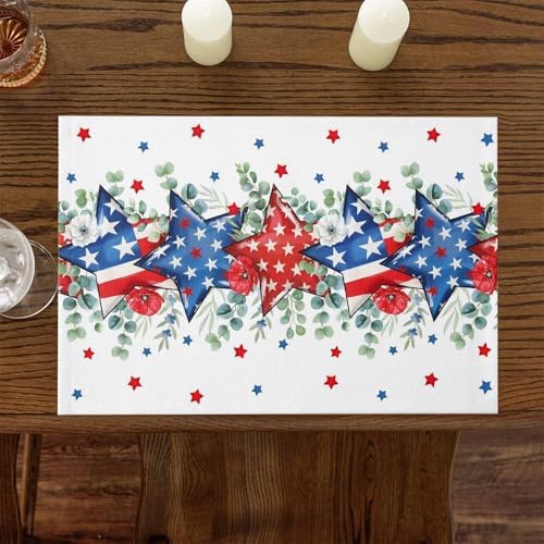 4th of July Placemats Set of 4, Patriotic Memorial Day Heat Resistant Washable Dining Table Mats Holiday Farmhouse Decor for Kitchen&Table Linens Outdoor Indoor, American Stars Summer Poppy Eucalyptus