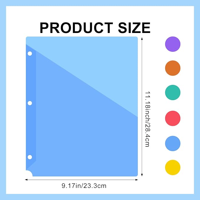 60 Pack Binder Pockets 3 Hole Punch Clear Document Folders 11.18 x 9.17 Inch Binder Organizer with Pockets Slash File Jacket Plastic Document Divider for Office Supplies (Multicolor)