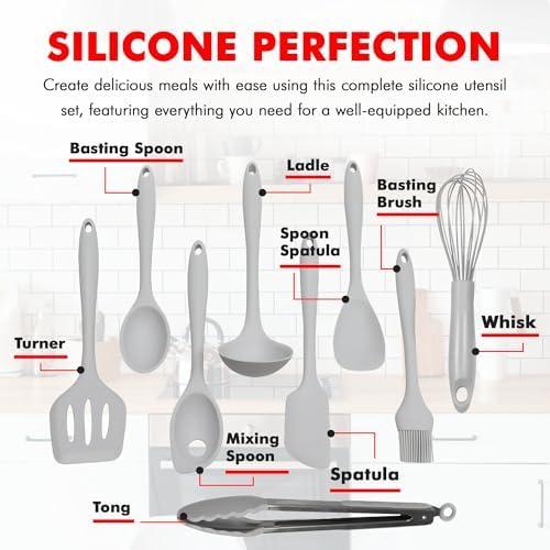 Chef Craft - Premium Silicone Kitchen Tools and Utensils Set, Non-Scratch, Withstands Temperatures up to 450°F, BPA-Free, 9 Piece Cooking Utensils Set, Gray