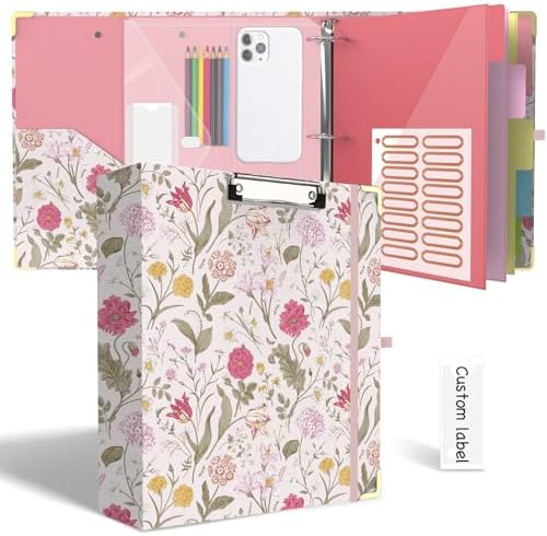 3 Ring Binder 2 Inch for Letter Size 8.5" x 11" Paper, Clipboard Binder with 5 Tabbed Dividers with Pockets, Plastic Folder and 40 Divider Stickers, School and Office Supplies, Pink Flowers