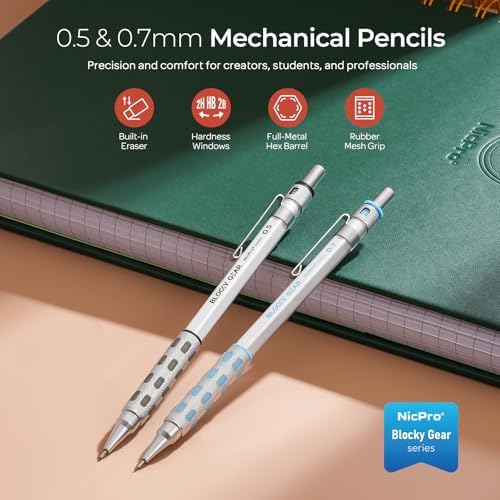 Nicpro Blocky Gear 0.5 mm & 0.7 mm Mechanical Pencils Set in Case