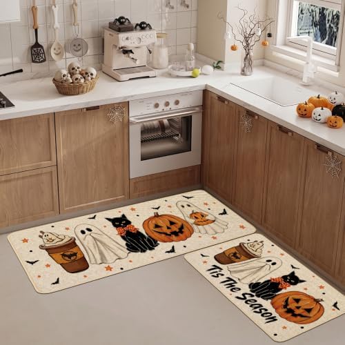 Baccessor Halloween Ghost Kitchen Rugs Set of 2,Tis The Season Spooky Pumpkin Black Cat Mat Rug Indoor Outdoor Low-Profile Non Slip Absorbent Floor Mats for Home Holiday Decor 17x29 and 17x47 Inch