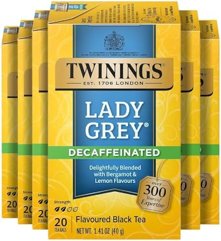 Twinings Decaffeinated Lady Grey Black Citrus Tea Bags, 20 CT Box (6 Pack)