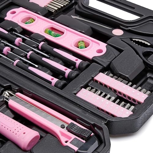 Amazon Basics 142-Piece Household Tool Kit for Home Repair, Hand Tools with Storage Case, 13.39 x 9.25 x 2.95 inch, Pink