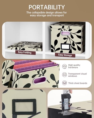 Oterri 2 Pack File Storage Organizer, Document Organizer, Portable File Box with Lid, Fit for Letter/Legal File Folder Storage,Leaf Black/Cream-Box only