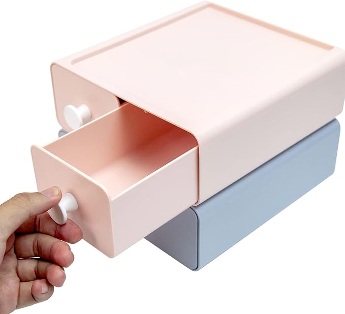 2 PCS Stackable Plastic Desk Organizer, Drawer Type Desktop Storage Box, Cosmetics Makeup Stationery, Gel Pens, Pencils, Markers, Tape, Erasers, Paperclips, Chargers, MD-2012 (Beige&Green)