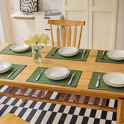 Demetex Dark Green Placemats Set of 8 Decorative Linen Textured Place Mats Heat Resistant Plate Table Mats for Cafe Party Banquet Tables, 13x19 inch, Green