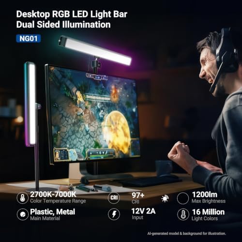 NEEWER Dual Sided RGB LED Streaming Key Light, Smart Desk Lamp Compatible with Alexa Google Assistant for Gaming Video Conference, 16 Million Colors, 2700K-7000K/CRI97+ Studio Tube Lighting, NG01