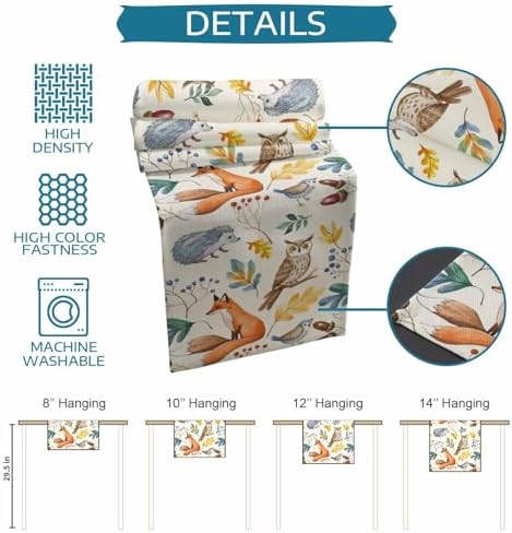 Fall Table Runner Autumn Animal Table Runners Harvest Thanksgiving Owl Bird Fox Leaves Cotton Linen Dresser Scarf Kitchen Dining Table Decor for Autumn Holiday Party Coffee 13x60 Inch