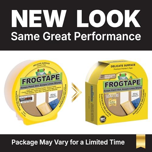 FrogTape Delicate Surface Painters Tape with PAINTBLOCK, 2 in Wide (1.88 in x 60 yd), Low Adhesion, Painting Tape Ideal for Freshly Painted Walls, Trim & Surfaces, Yellow, 1 Roll (280222)