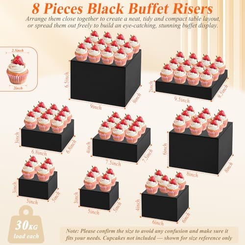 8Pcs Black Acrylic Buffet Risers with Mini Sign and Marker, Black Acrylic Risers for Party Catering Dessert Jewelry Collectibles with Hollow Bottoms Nesting Cube Box (9.5" 9" 8" 7.5" 6.8" 6" 5" 5")