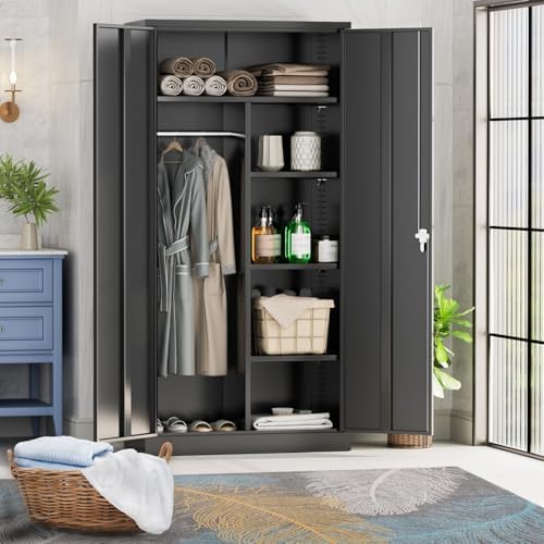 Greenvelly Metal Storage Wardrobe with 2 Doors, Black 72” Steel Storage Wardrobe Cabinet, Employees Locker Closet Clothing Coat Steel Wardrobe Cabinet with Hanging Rod for Garage, Gym, Home Office