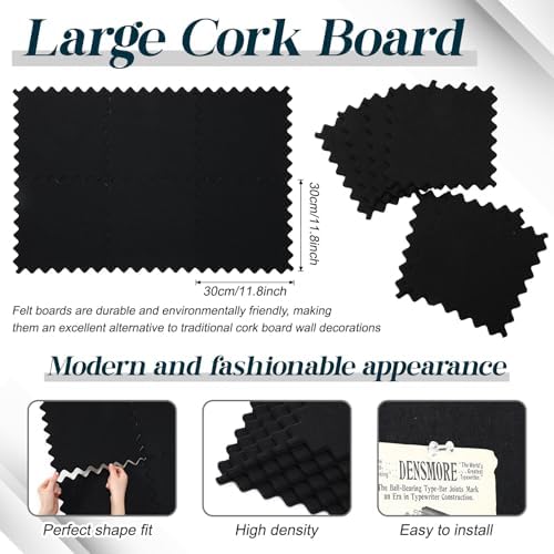 Wave Shaped Large Cork Board for Wall 36" x 24" Black Bulletin Board 6 Pack Felt Wall Tiles Self-Adhesive Removable Soft Wooden Boards for Home Office