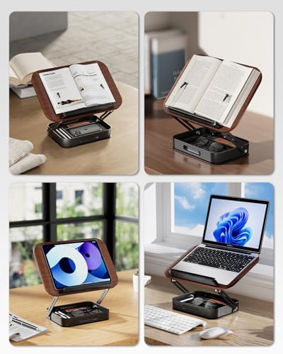 Adjustable Book Stand with Storage Drawer, 360° Rotating Book Holder, Height & Angle Adjustable, Extra-Wide Page Clips for Thick Books, Wood & Aluminum Book Stand for Desk, Study, Kitchen