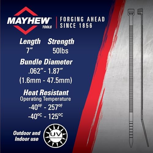 Mayhew Tools MB7-50HS-M Heat Stable Cable Ties, 7" 50 lbs. Tensile Strength, 1000-Pack, Black