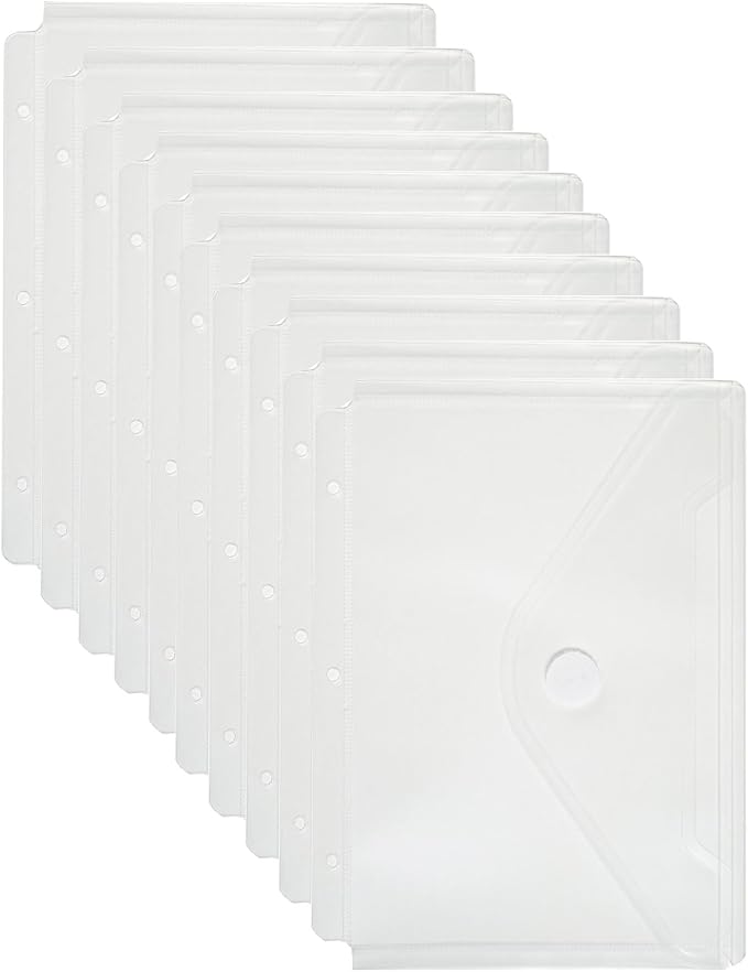 Plastic 3 Ring Binder Pockets Clear Pouches for 5.5’’ x 8.5’’ Paper Folder Organizer Hook Loop Closure 10 Pack