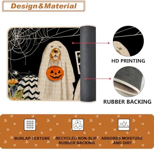 Baccessor Halloween Kitchen Rugs Set of 2, Ghost Boo Dog Pumpkin Spider Web Kitchen Mats for Floor Washable Low-Profile Farmhouse Spooky Holiday Home Indoor Outdoor Decor 17x29 and 17x47 Inch