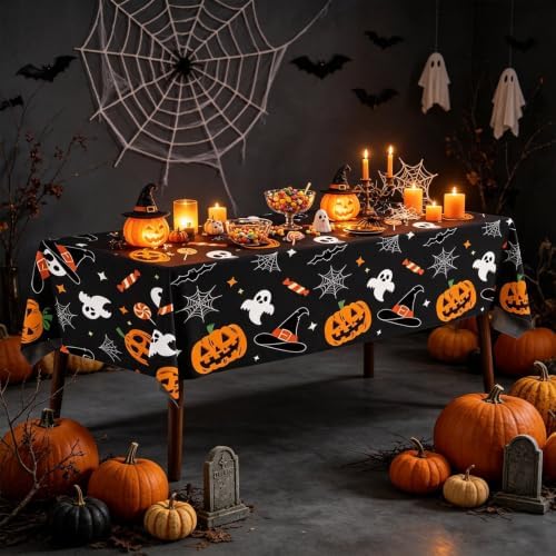 CXPSINC 54 Inch X 300 Feet Plastic Table Cover Roll Disposable Halloween Tablecloth with Slide Cutter Pumpkin Ghost Plistic Table Covers for Halloween Party Decorations(Pumpkin Ghost, 300 Feet)