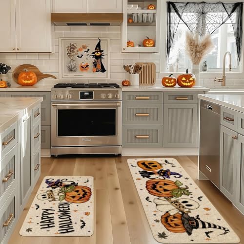 Baccessor Halloween Kitchen Rugs Set of 2, Spooky Pumpkin Ghost Cat Bat Kitchen Mats Low-Profile Non Slip Washable Rugs for Floor Home Decor 17x29 and 17x47 Inch
