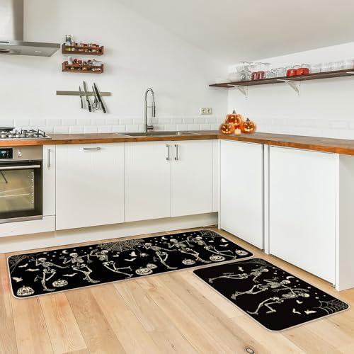 JarThenaAMCS Halloween Skeleton Kitchen Mats Spider Pumpkin Bat Welcome Floor Mat Non-Slip Black Door Rugs for Indoor Outdoor Bathroom, 17 x 29 Inch & 17 x 47 Inch