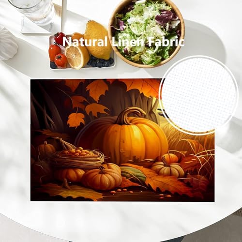Batmerry Happy Thanksgiving Day Linen Placemats Set of 4, Pumpkin Harvest Turkey Rice Fields Washable Table Mats for Kitchen Table Thickened Heat Insulation Dining Set Indoor Outdoor 12X18 in