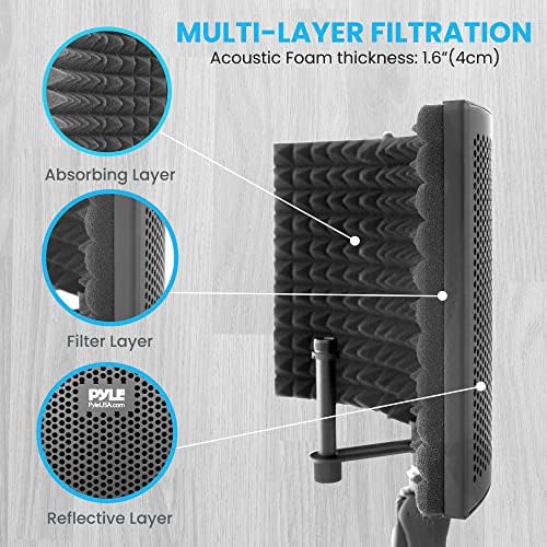 PyleUsa Microphone Isolation Shield- 3 Panel Noise Absorbing Record Booth Studio Acoustic Vocal Dampening Filter w/ 1.6"Thick Foam, Adjustable Mic Depth, Removable Shock Mount, Universal ⅝" Threading