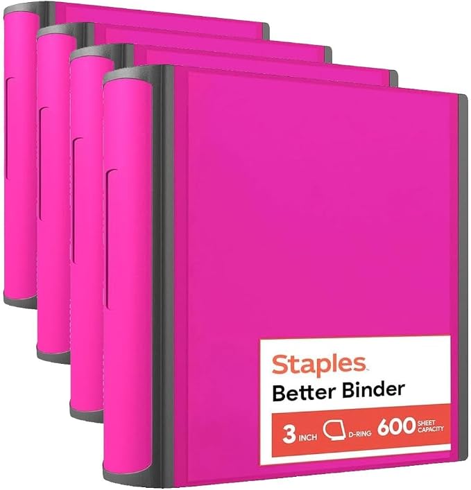 Staples Heavy-Duty 3-Inch D-Ring Binder, Pink – Large Capacity 3-Ring Binder, Holds Up to 600 Sheets for School & Office (Pack of 4)