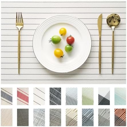 Placemats Set of 12 Vinyl/Plastic Woven Place Mats for Kitchen Table Indoor/Outdoor Washable Placemat Wipeable Dining Table Mats (White Stripes,12)