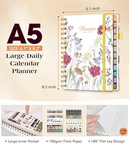 Academic Planner 2026-2027, Hardcover Weekly and Monthly Calendar Planner from July 2026 - June 2027, 6.1" x 8.2" A5 Daily Agenda with Tabs, College School Organizer for Student Teacher, Ivory Wild Flowers