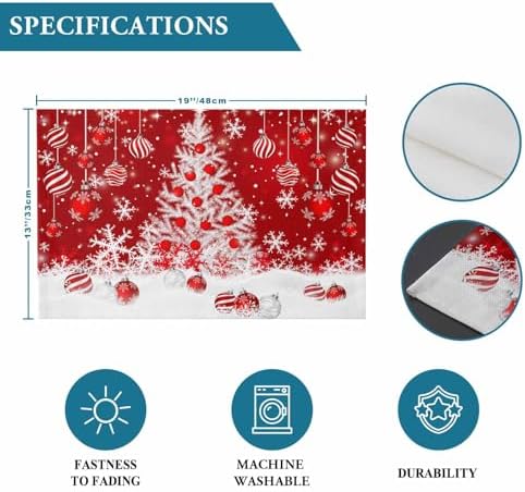 Red Christmas Placemat 1PC, White Xmas Tree Snowflakes Red Balls Heat Resistant Washable Table Place Mats Winter Cotton Table Linens Party Holiday Decor for Kitchen Dining Outdoor Indoor