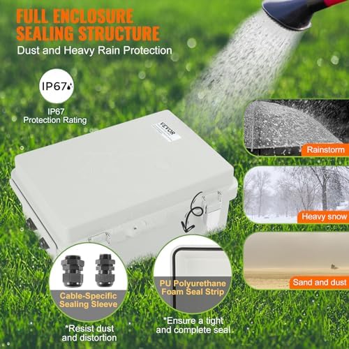 VEVOR Weather-Resistant Junction Box, Dimensions: 11.81 x 7.87 x 7.08 inches, Crafted from Durable ABS Plastic with a Secure Hinged Lid and Stainless Steel Lock, IP67 Rated for Superior Dust and Wa