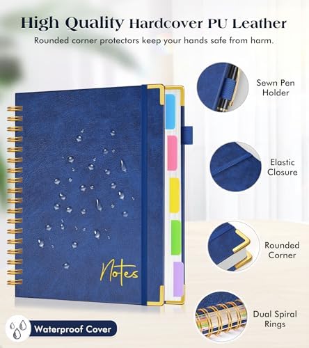 Spiral Notebook Journal with Removable Dividers Tabs, 300 Pages Hardcover Leather 5 Subject College Ruled Notebook, 6.1"x8.2" Large A5 Lined Journal for Women Men Spiral Notebook for Work School,Navy