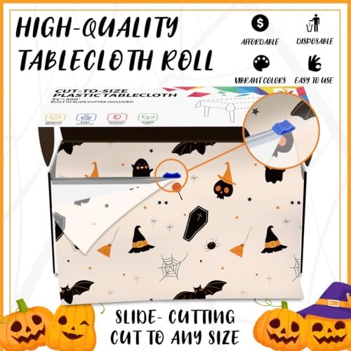 CXPSINC 54 Inch X 300 Feet Plastic Table Cover Roll Disposable Halloween Tablecloth with Slide Cutter Ghost Bat Plistic Table Covers for Halloween Party Decorations(Halloween Beige, 300 Feet)