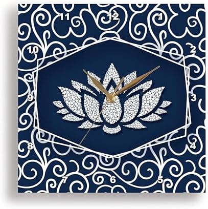 3dRose Wall Clock Silent - 13 inch - Navy Blue and White Water Lily with White Swirls Chinese Styling - Asian Collection