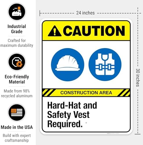 Hard-Hat and Safety Vest Required Sign, ANSI Caution Sign,